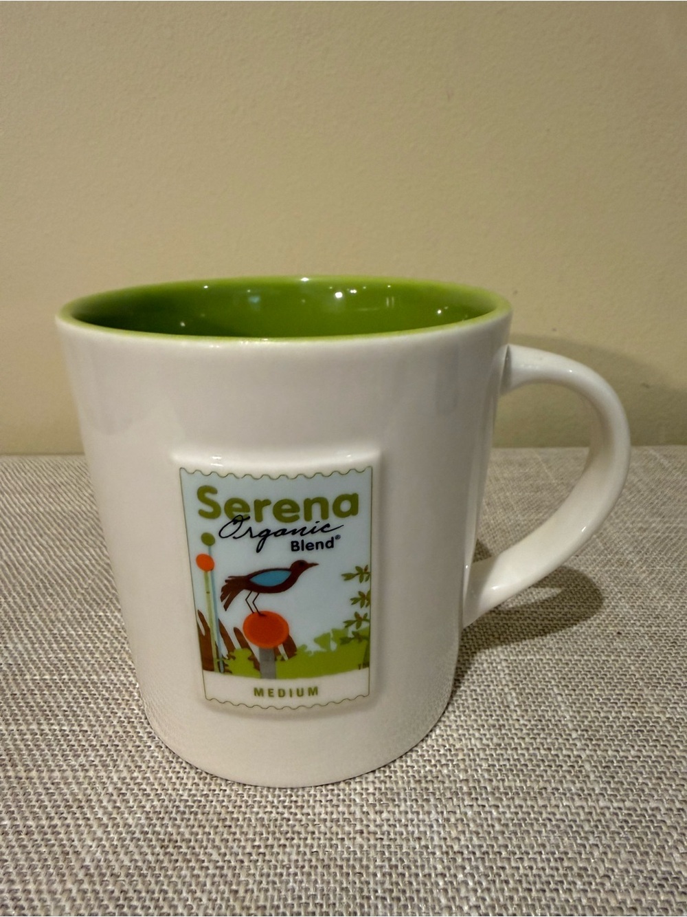 Starbucks Serena Organic Blend Ceramic Coffee Mug Green White Bird 2006 16 oz